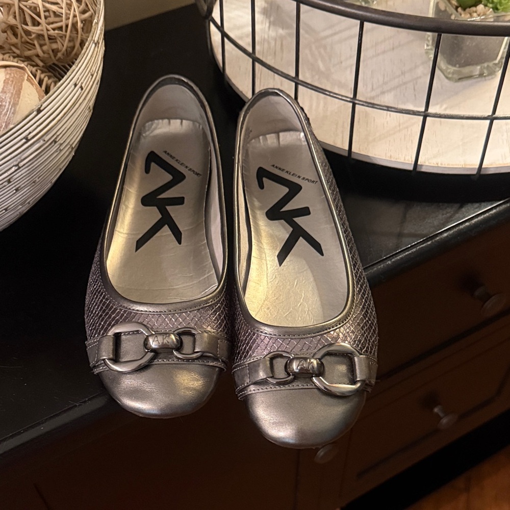 Anne Klein Metallic Pewter-Tone Horsebit Ballet Flats